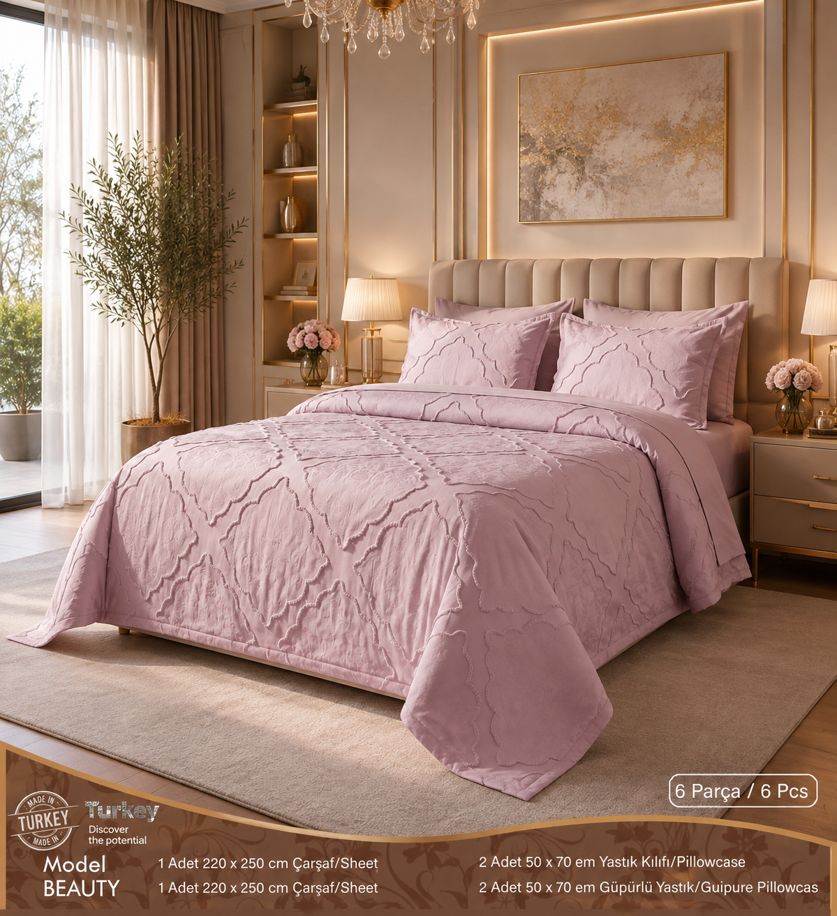 Drap 6 Pièces en Tissu Crêpe Rose | Velvet Home Collection