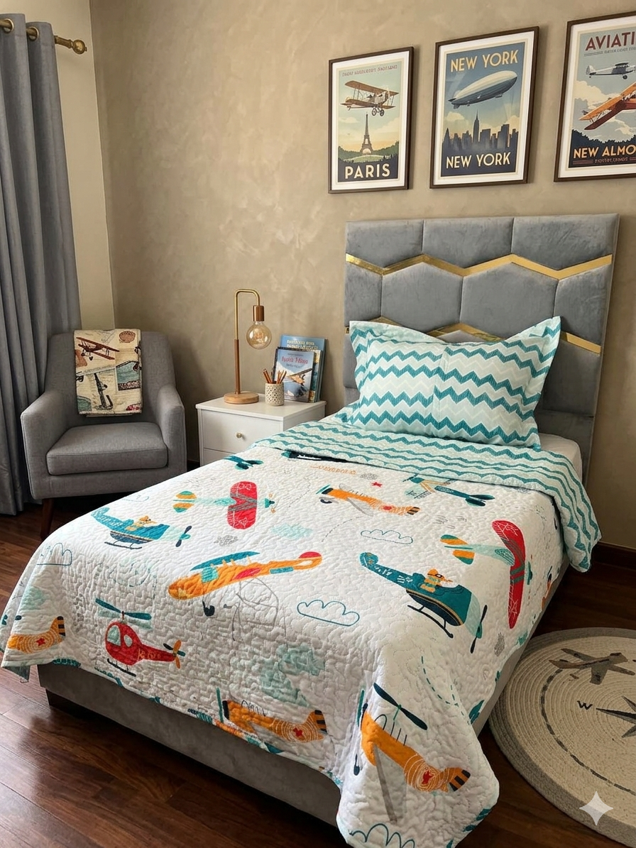Couvre-lit enfant une place – Univers avion et aventure